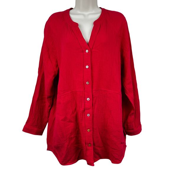 Soft Surrounding Tunic Top Blouse Button Front Split V-Neck Gauzy Pocket Red Med - Picture 1 of 11